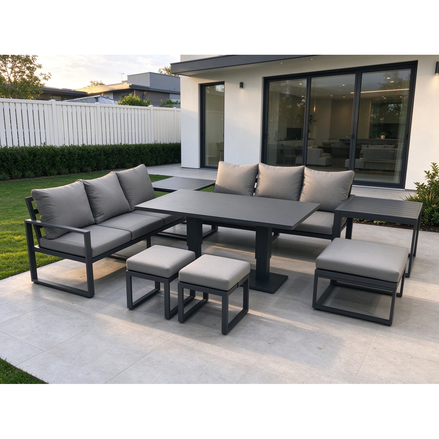 Fimous Dark/Grey 9 Seater Aluminium Outdoor Garden Furniture Set With Adjustable Rising Lifting Dining Table 3 Seater Sofa 3 Footstools 2 Side Tables - Image 2