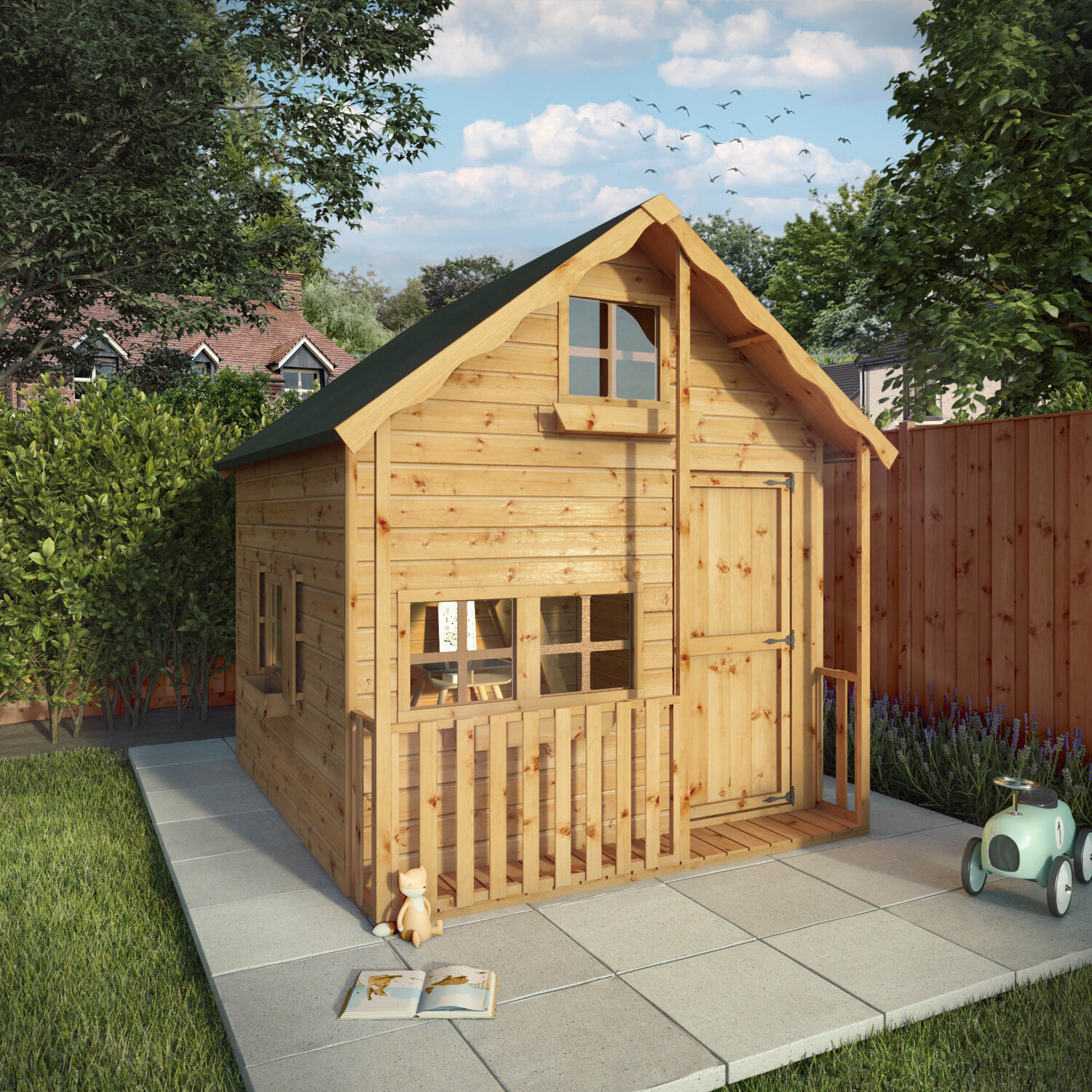 Image of Children's Double Storey Swiss Playhouse - Brown / With Veranda / 7ft x 5ft