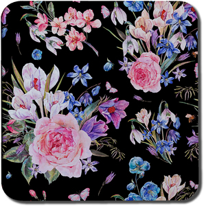 Bright Pink Flowers On Black Coaster