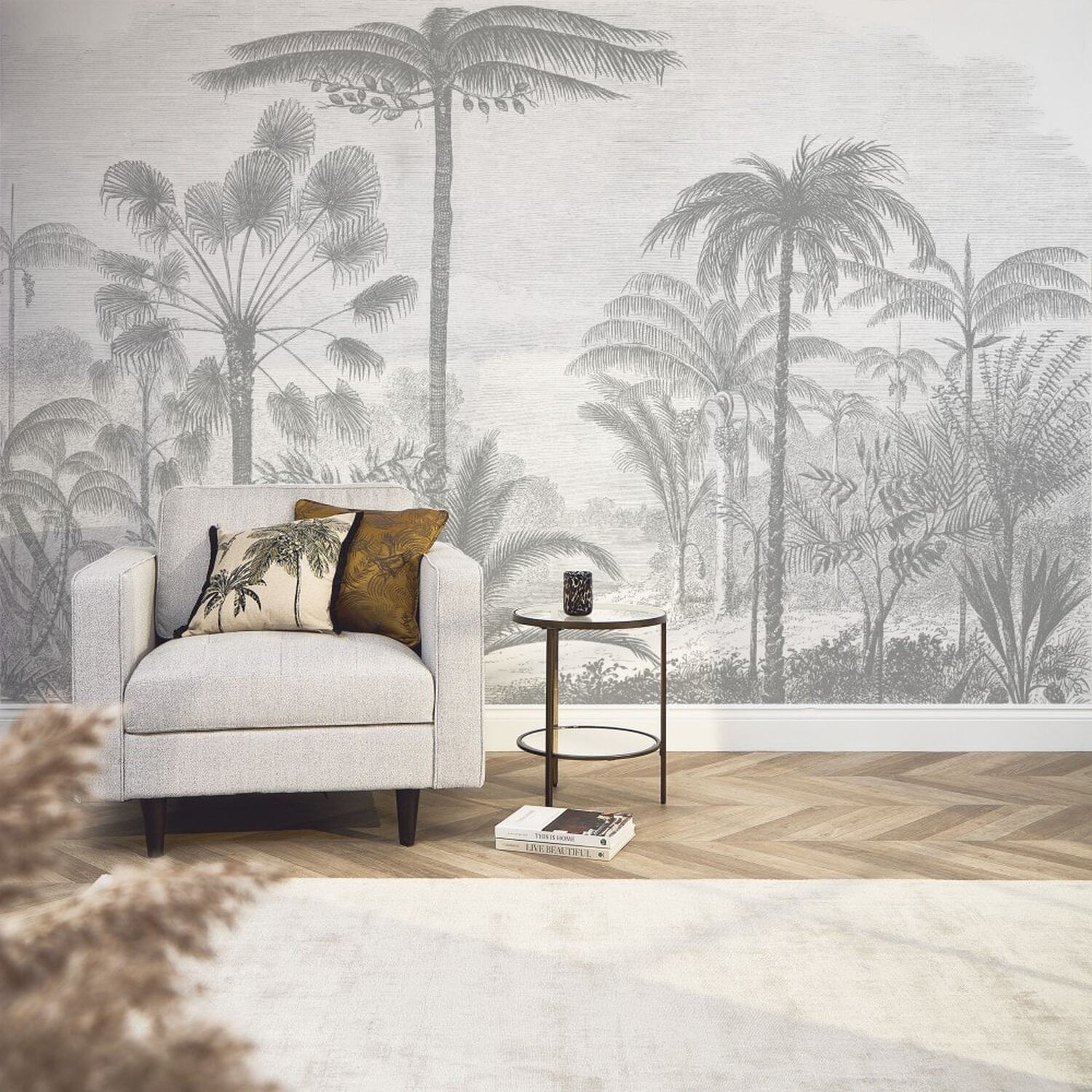 I Love Wallpaper Etched Palms Mural - Grey