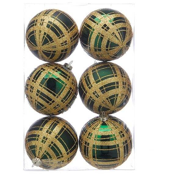 Green Gold Glitter Tartan Effect Bauble - 6 pack