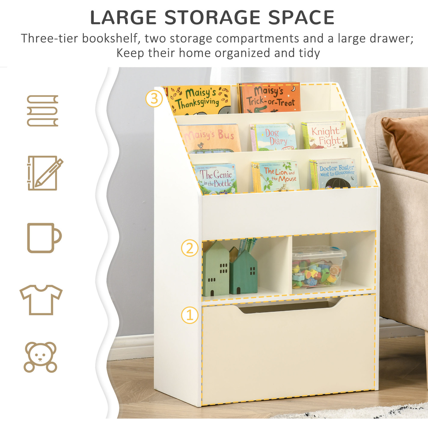 Homcom Kids Bookshelf With Storage Drawer Bookcase With Wheels - White
