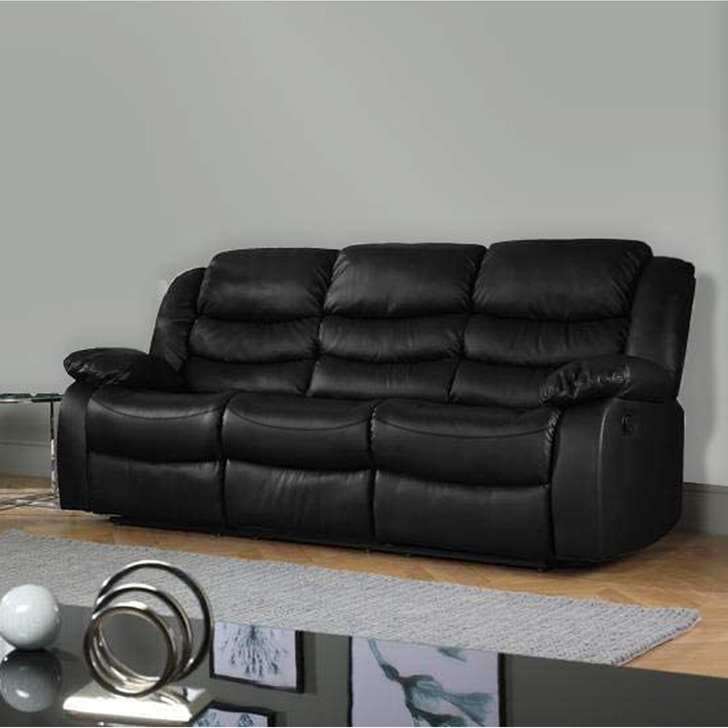ECO LIVING - 3 Seater Recliner Sofa With Cup Holder - Leather Black thumbnail