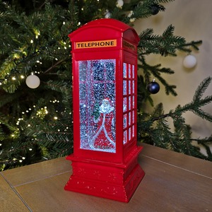 Dual Power LED Christmas Glitter Water Spinner Red Phone Box Santa Scene