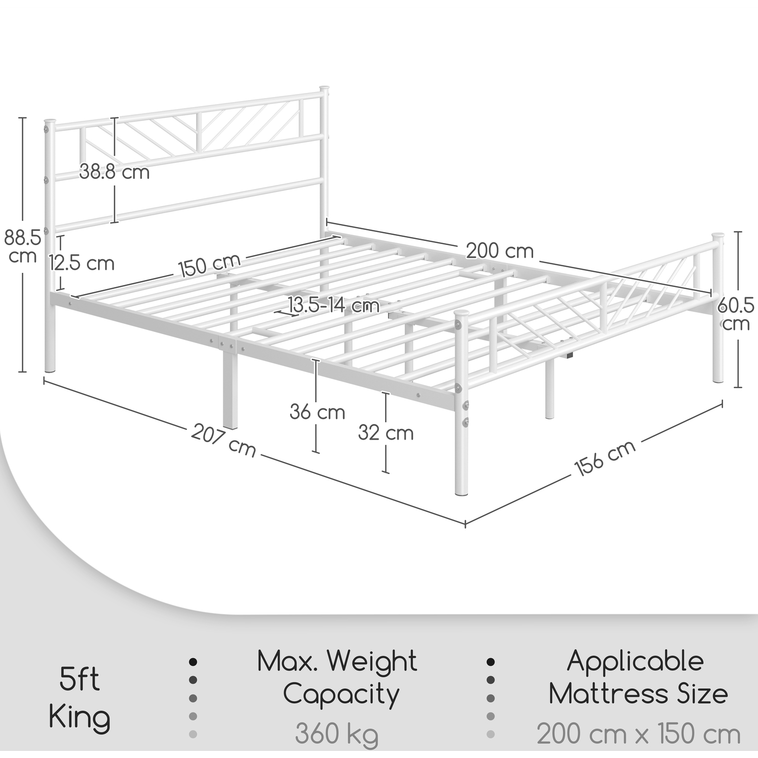 Metal Bed Frame With Arrow Design Headboard And Footboard - White King
