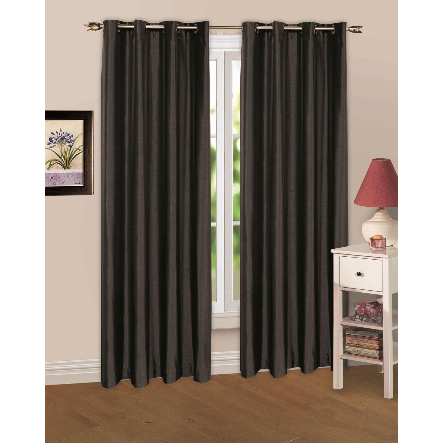 BLACK FAUX SILK LINED CURTAINS WITH EYELET RING TOP 66 x 90 by