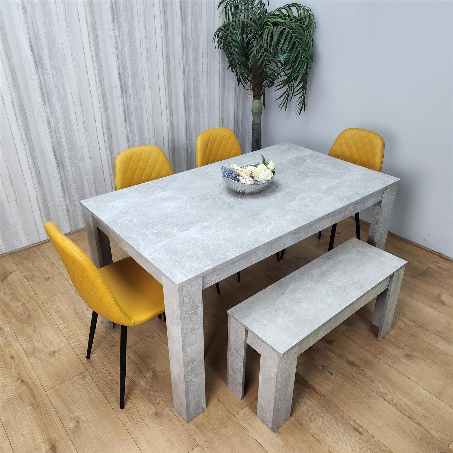 Stone Grey Effect Dining Table with 4 Mustard Chairs and 1 Bench Set