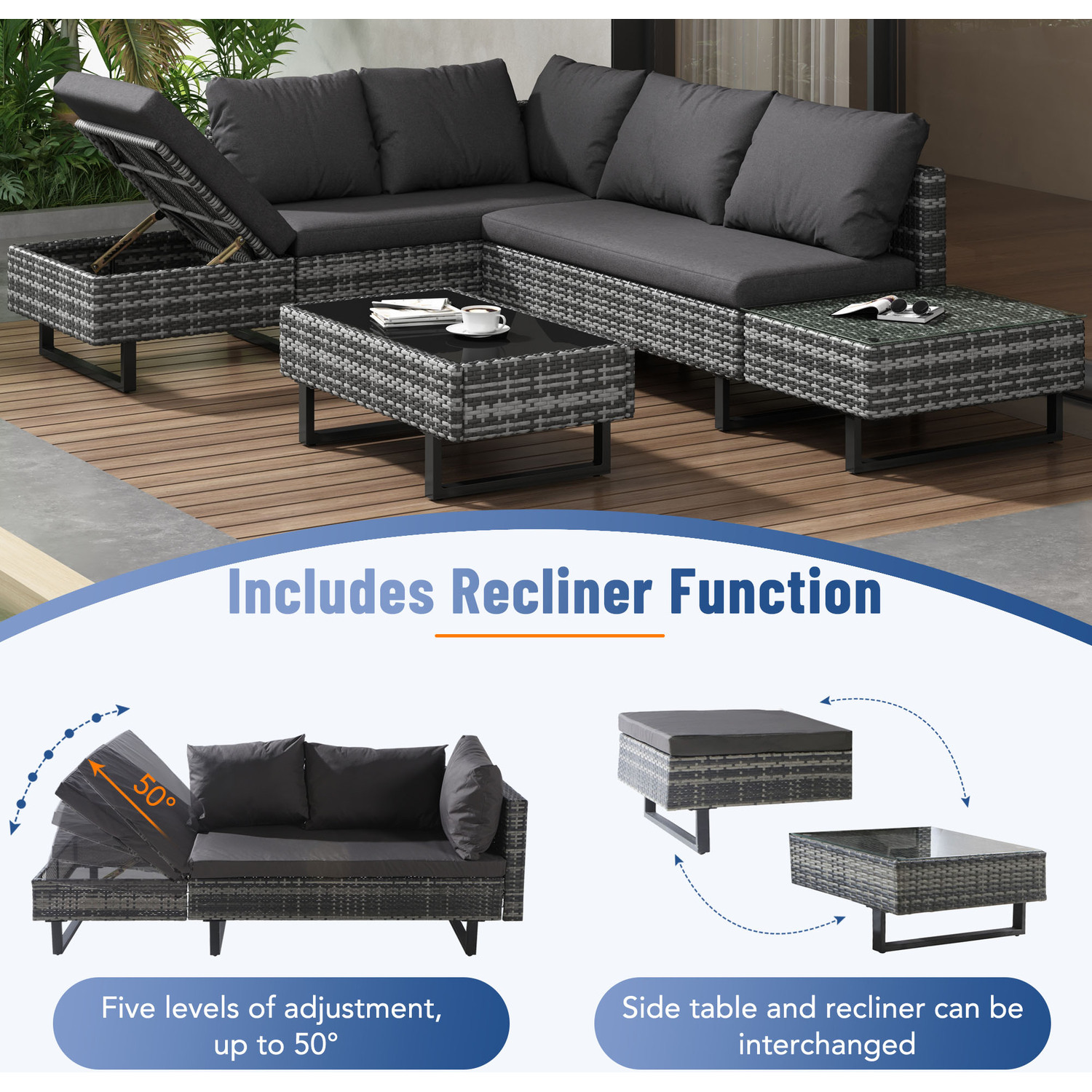 Outdoor Rattan Corner Sofa Set With Recliner Seat And Side Table - Grey