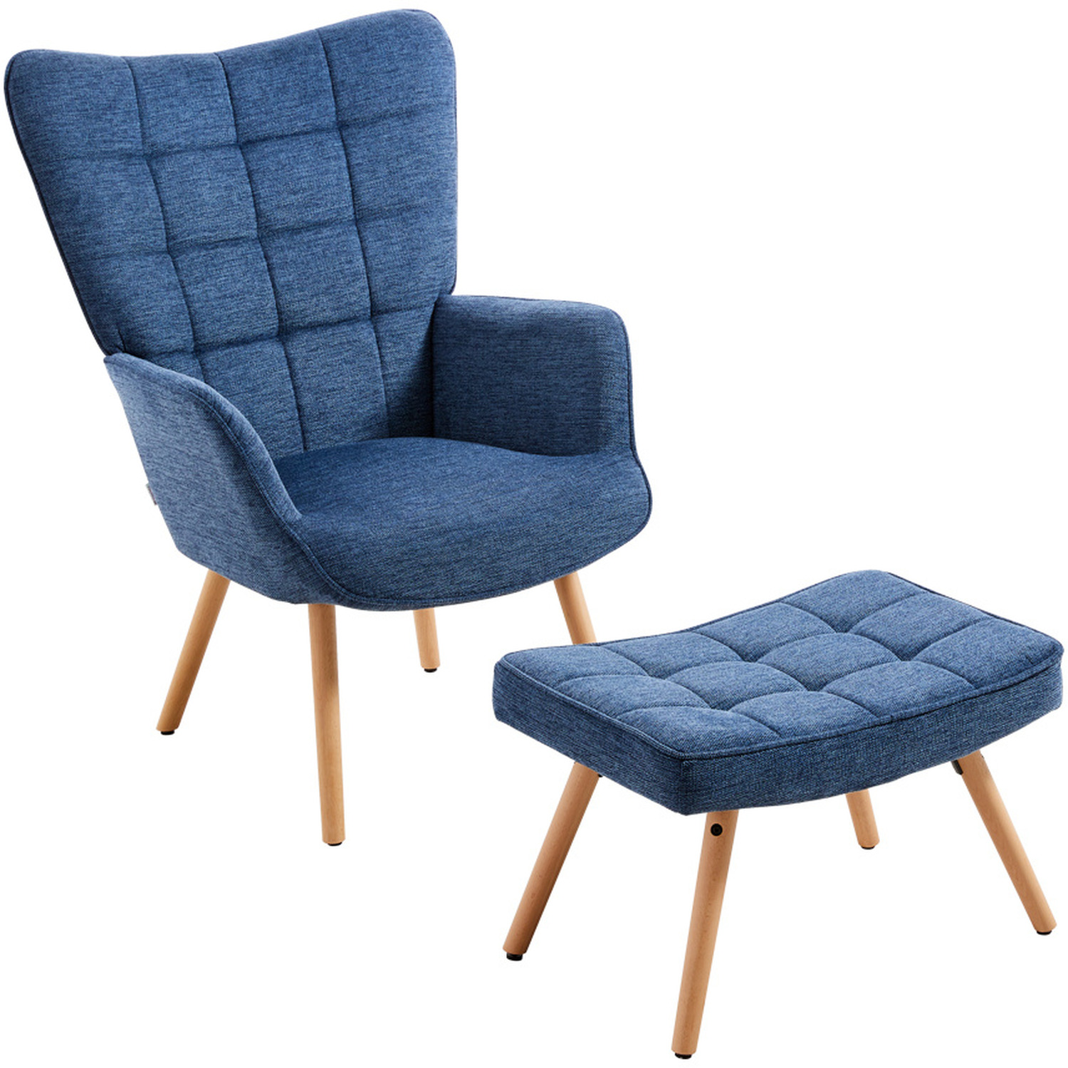 Upholstered Wingback Armchair With Footstool - Dark Blue