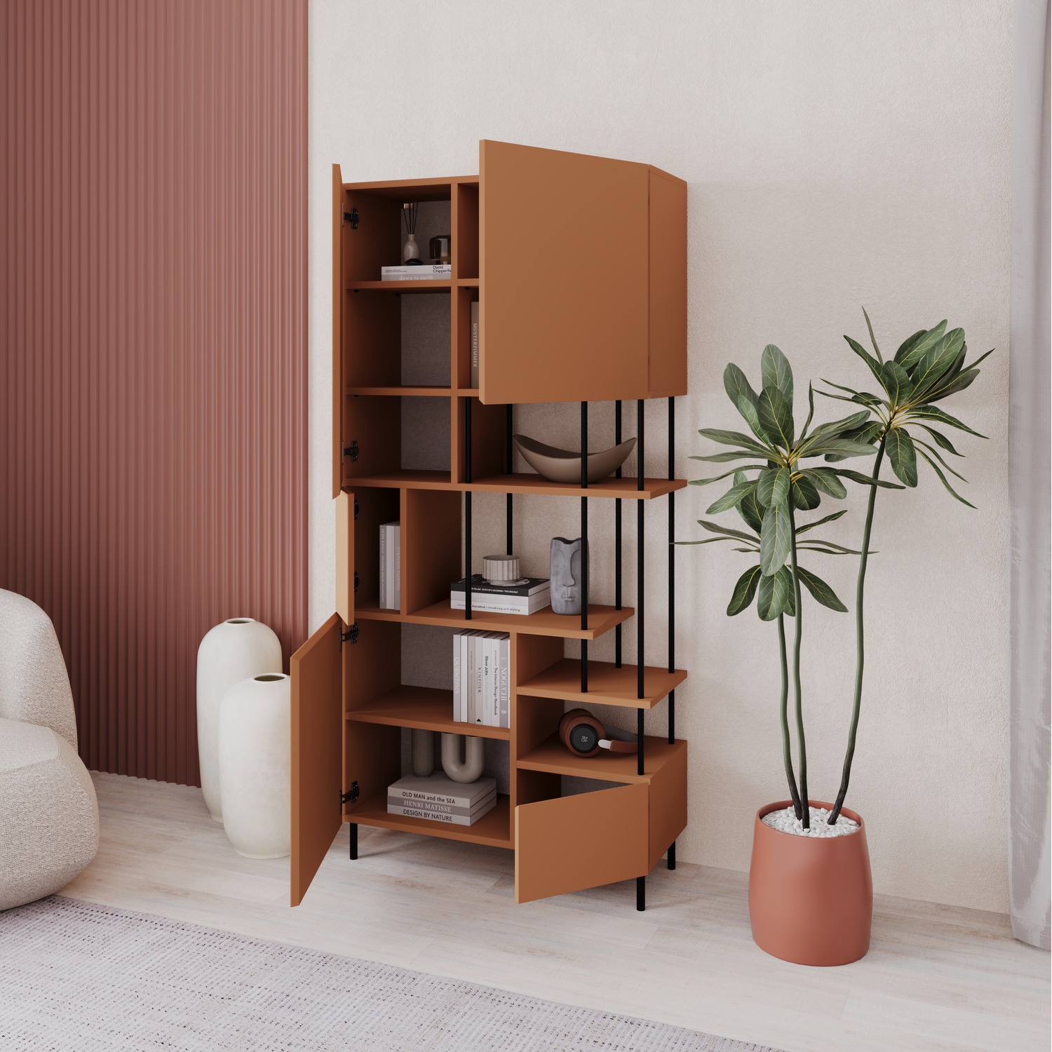 Modern Key Bookcase 5-Door Cabinet with Open Shelves
