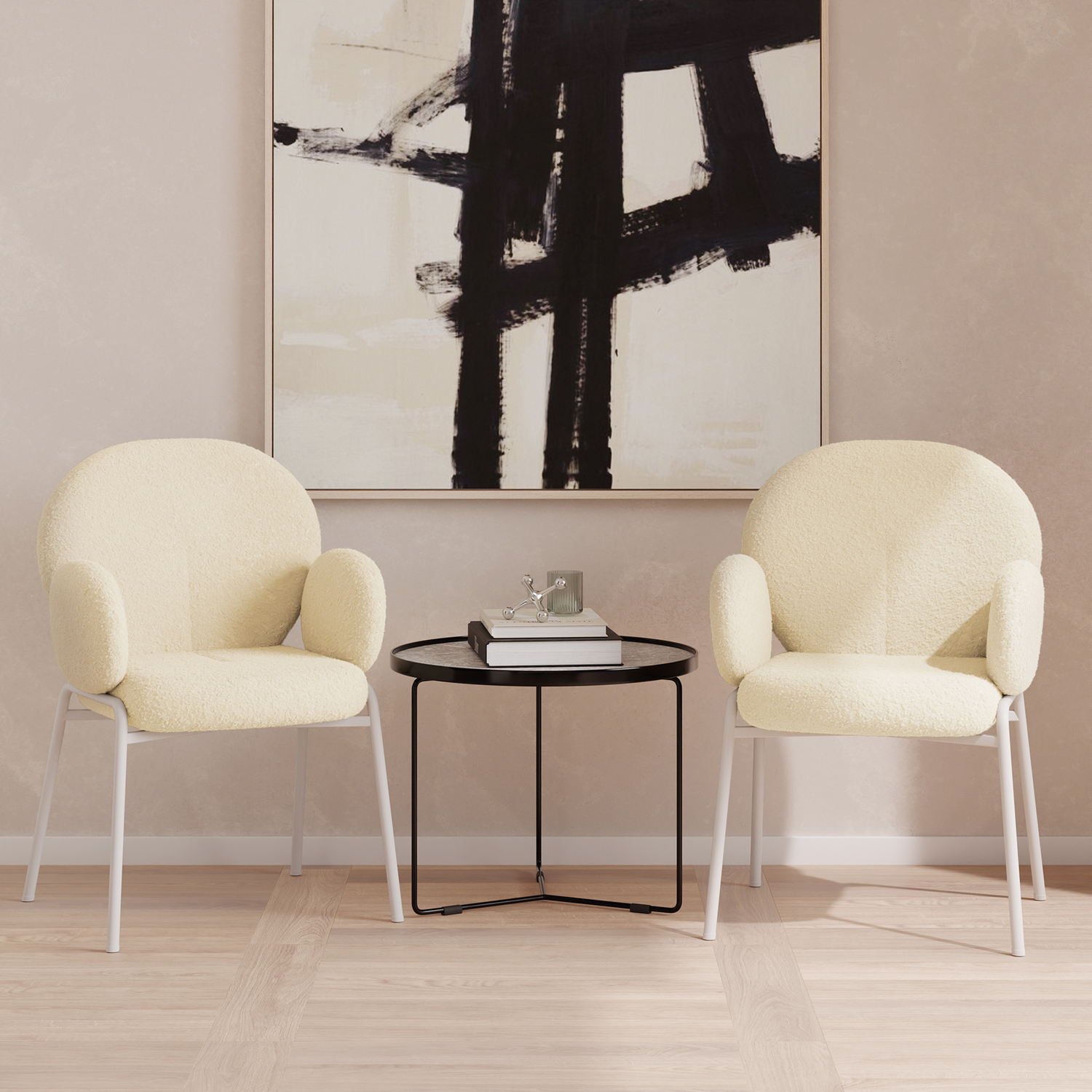 Dining Chair Scandi - Padded Boucle Cover High Backrest - Cream 90cm 2