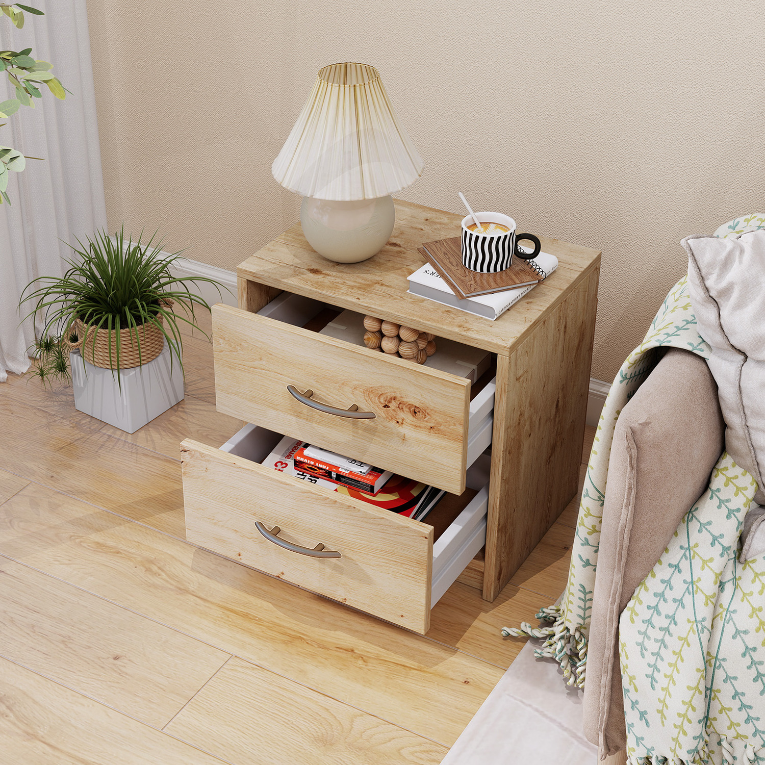 2-drawer Nightstand Modern Bedside Table - Brown