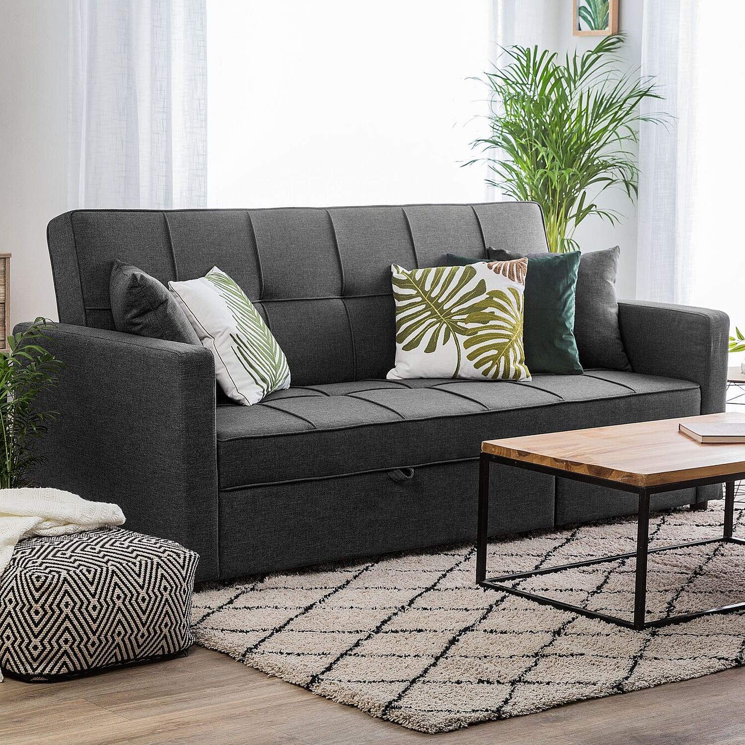 Martin Linen Fabric Reversible Footstool Sofa-bed - Dark Grey