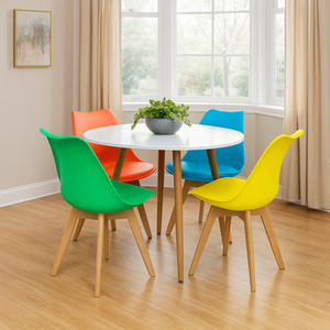 Round White Wood Dining Table and 4 Colorful Chairs Set