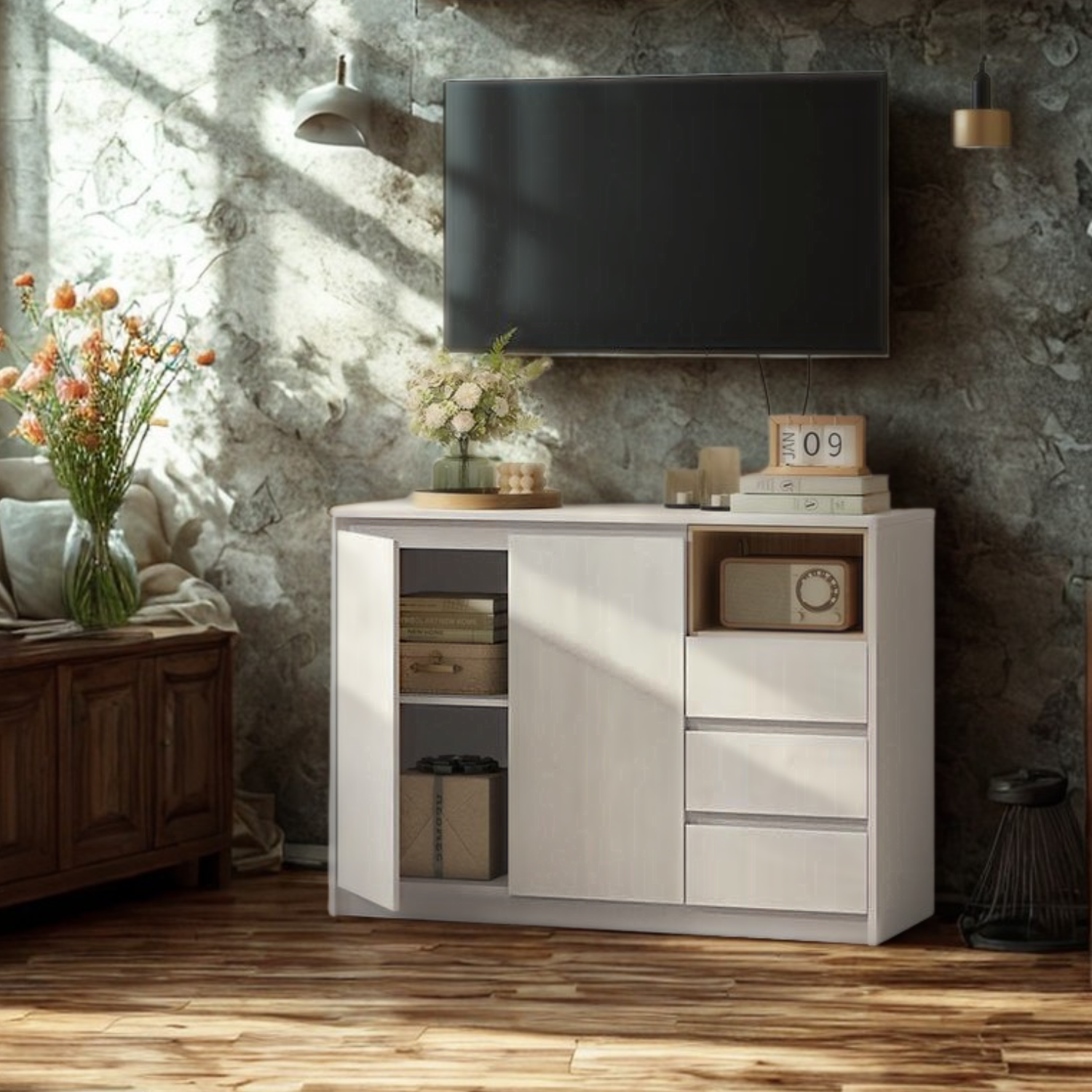 Modern 3 Drawer Sideboard - White