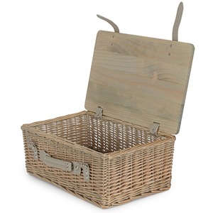 Large Antique Wash Empty Picnic Basket with Pinewood Lid