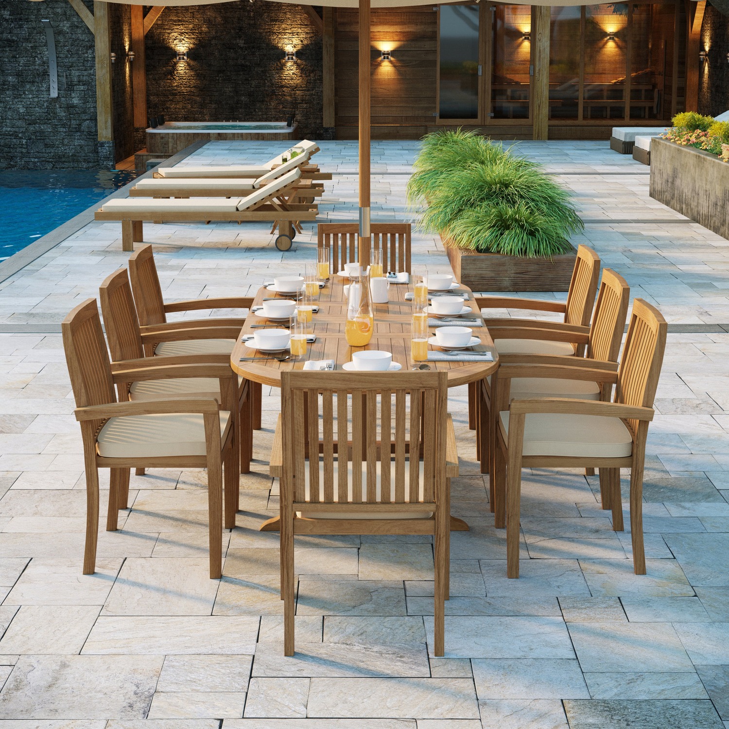 Harpa Teak Garden Dining Table And 8 Seat Chair Set - Teak Table 8 Chairs Green Cushions