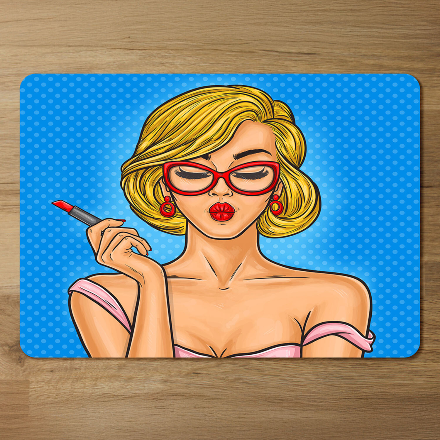 Pop art illustration woman paints her lips Designer Placemat Set - Blue