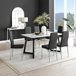 Carson White Marble Effect Dining Table and 6 Milan Chrome Leg Chairs
