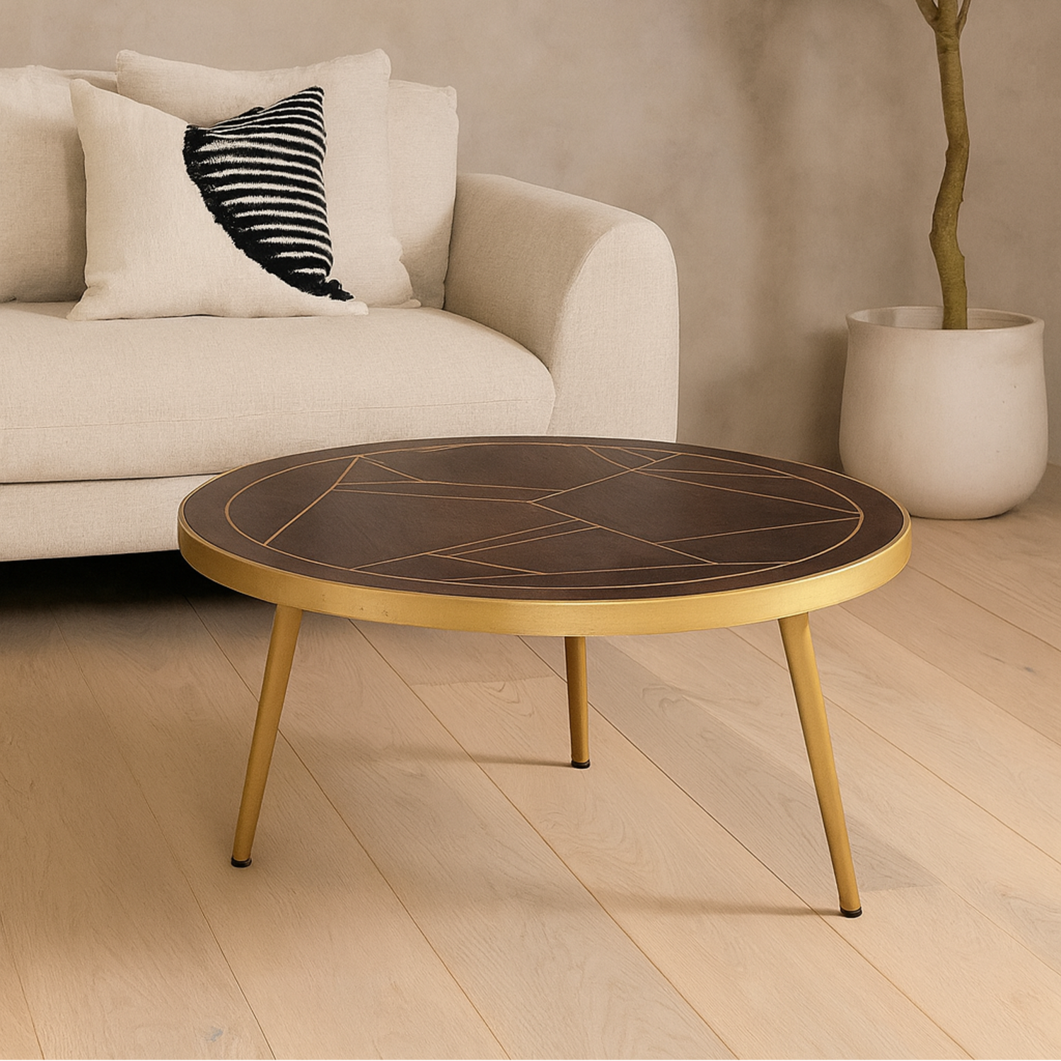 Bandung Dark Mango Wood Round Coffee Table with Gold Inlays - Brown