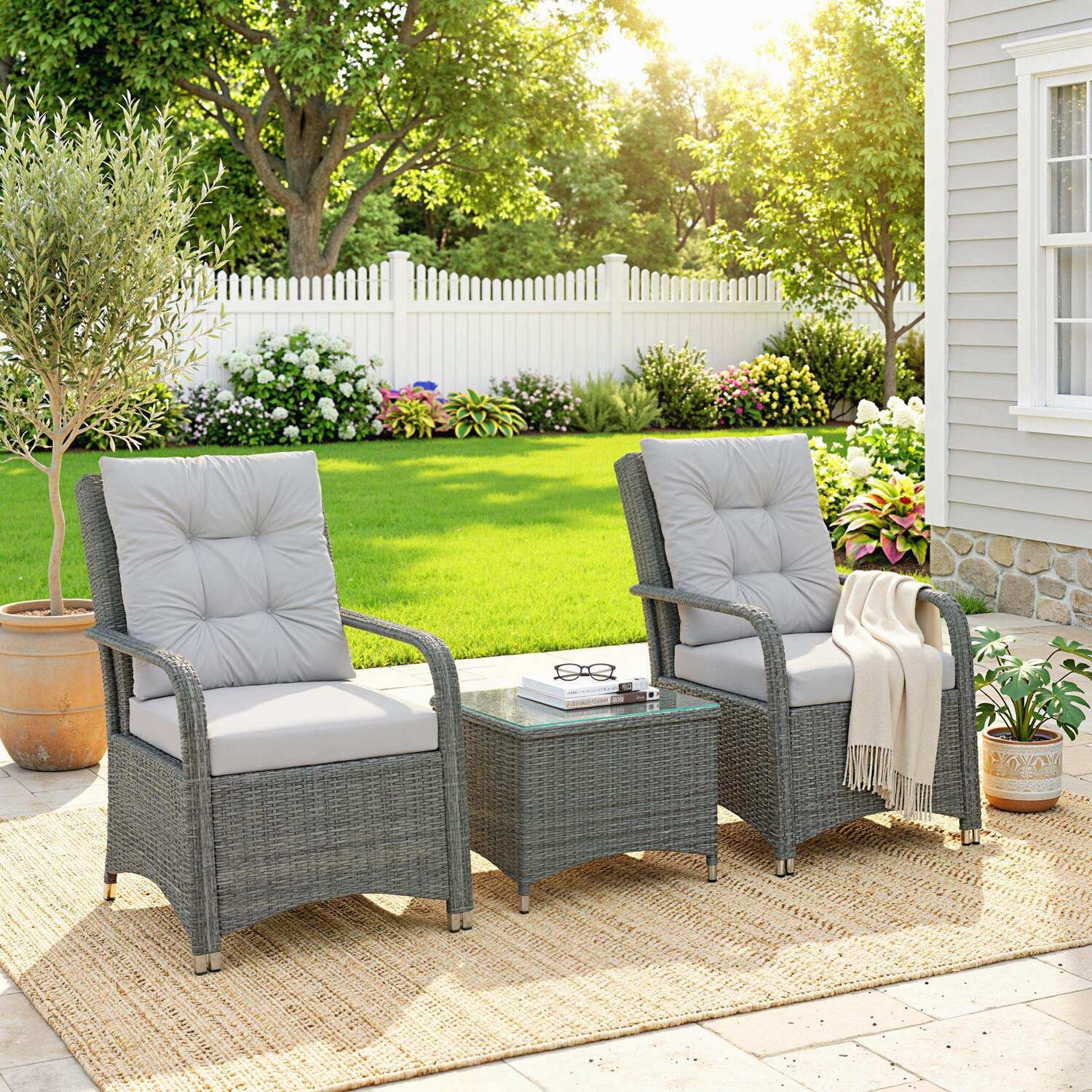 Outsunny 3 Pieces Rattan Bistro Set, Wicker Garden Furniture Set - Light Grey