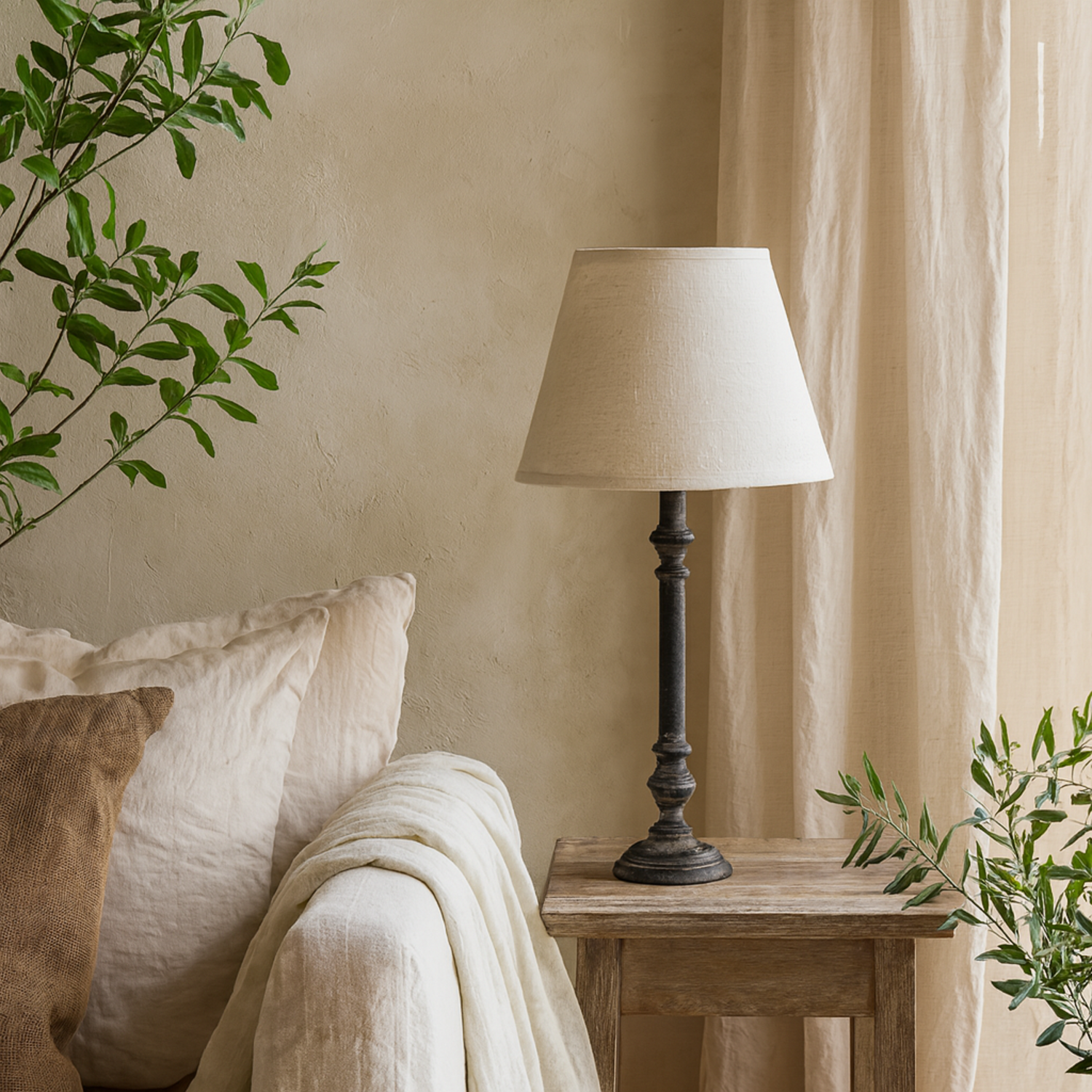 Villeneuve Turned Wooden Pillar Table Lamp with Linen Shade - Grey