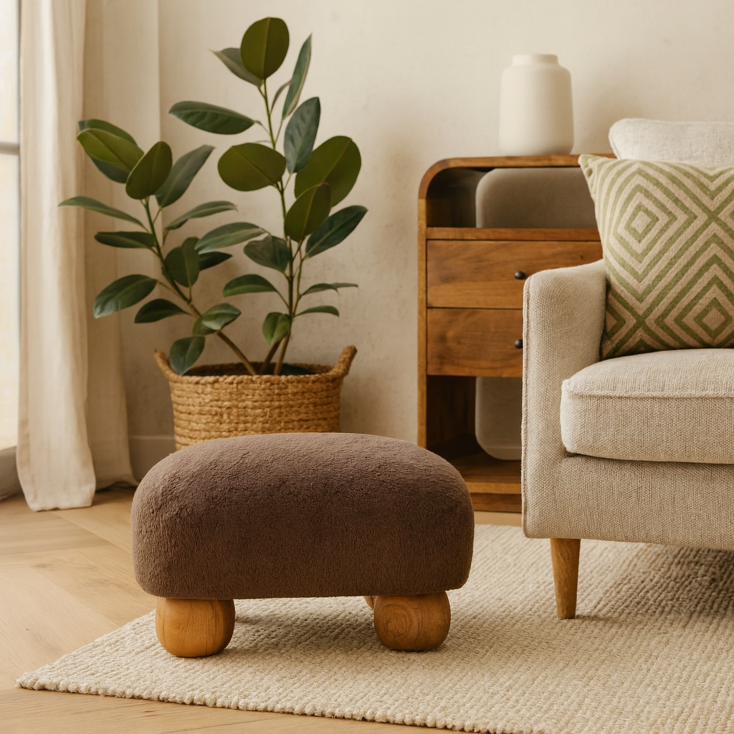Pont Aven Mocha Faux Fur Square Footstool with Mango Wood Bun Feet - Grey