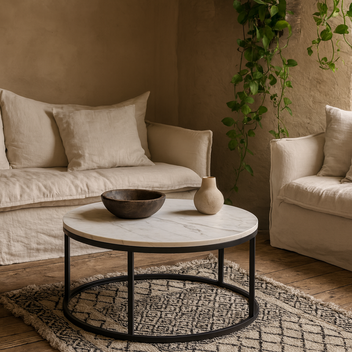 Odense Round Coffee Table Marble Effect Matt Top Matt Hairpin Legs - White