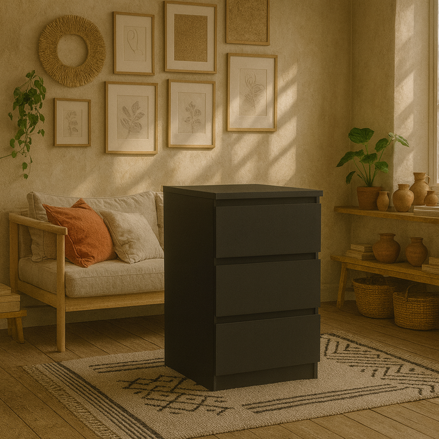Budapest Matt Bedside Table 3 Drawers - Black