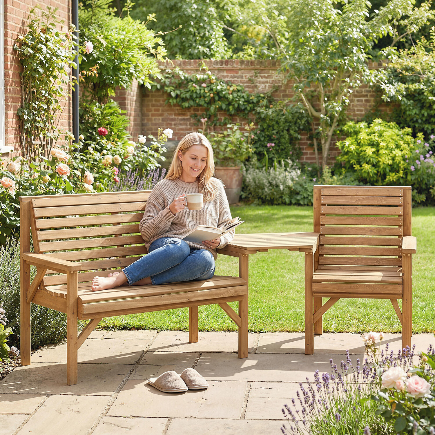 Outsunny Natural 3 Seater Wooden Garden Bistro Set With Parasol Hole - Image 4