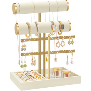 SONGMICS Cream White 2 Tiers Jewellery Stand Velvet Tray Ring Holder