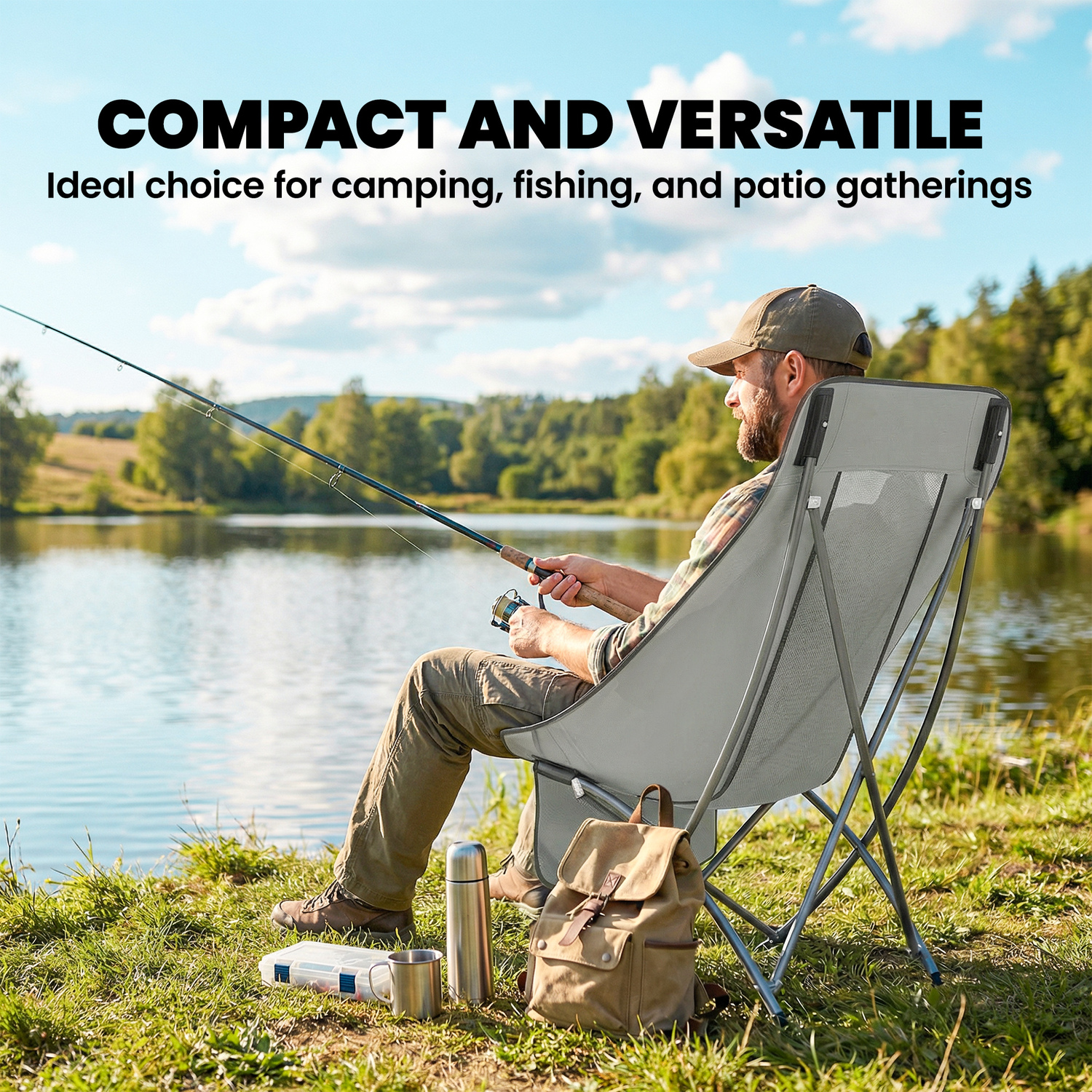 Outsunny Camping Chair Portable With Side Pocket - Light Grey
