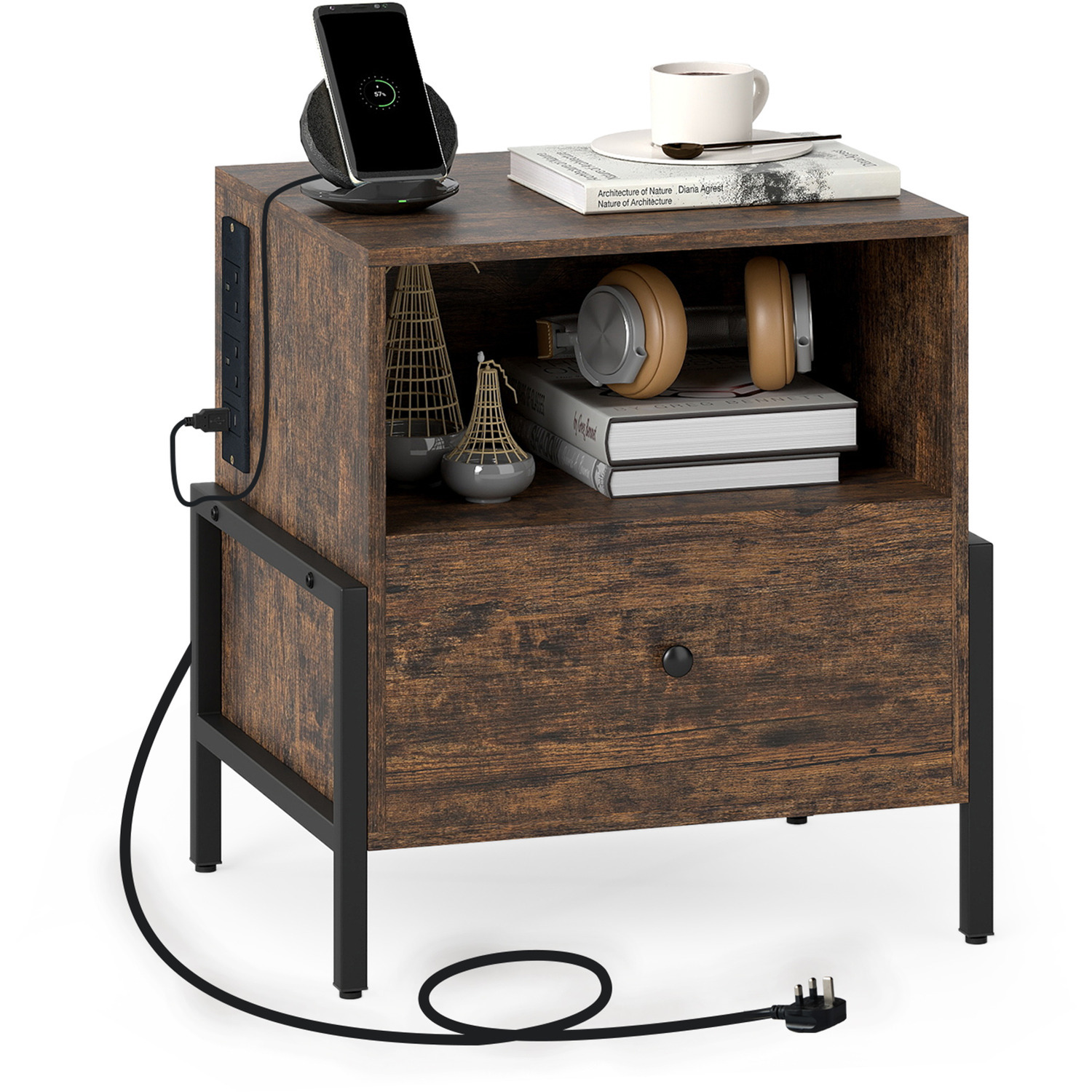 Industrial End Table Bedside Table - Brown