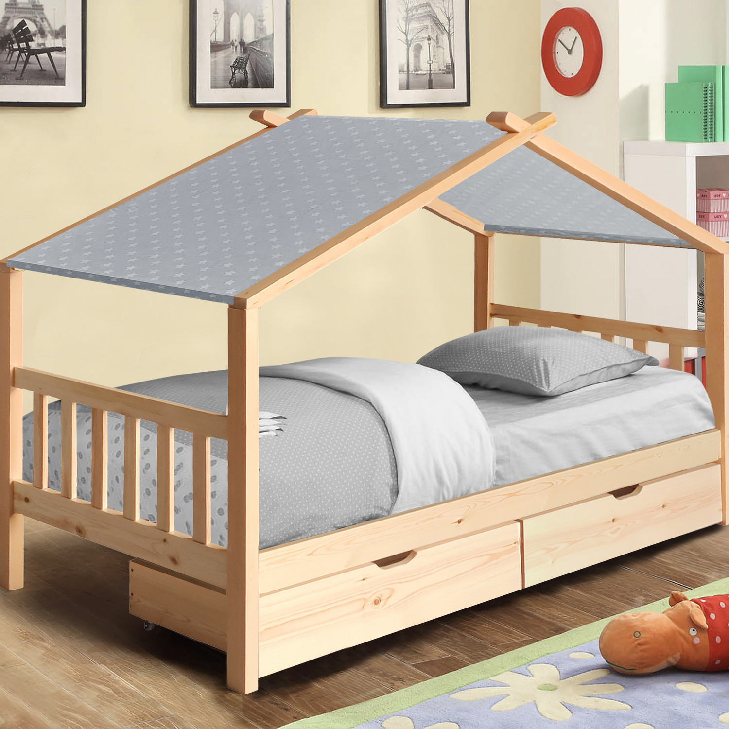 3ft Wooden House Storage Bed - Natural Grey Tent