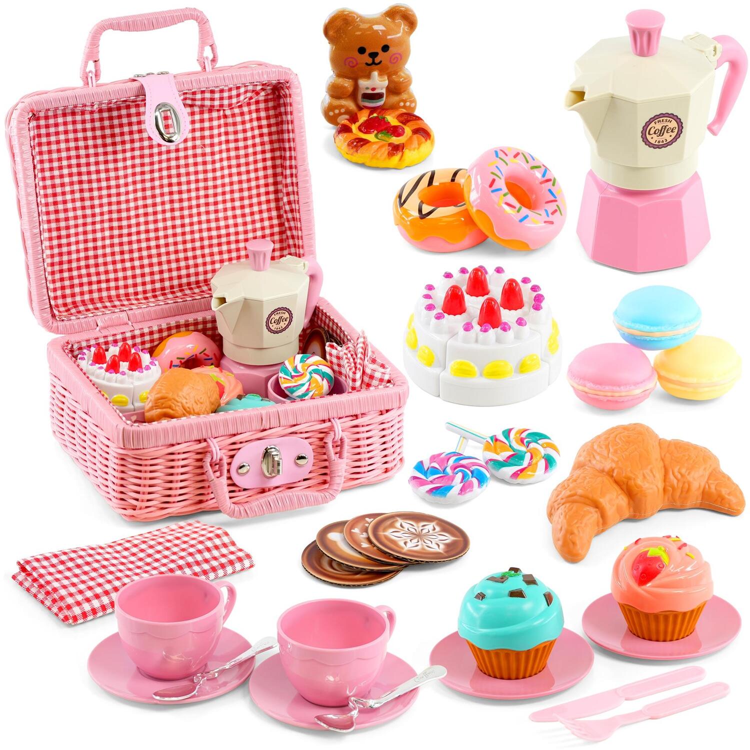 The Magic Toy Shop Play Food Picnic Basket & Tea Set - 30 Pcs Kids Pretend Play - Pink