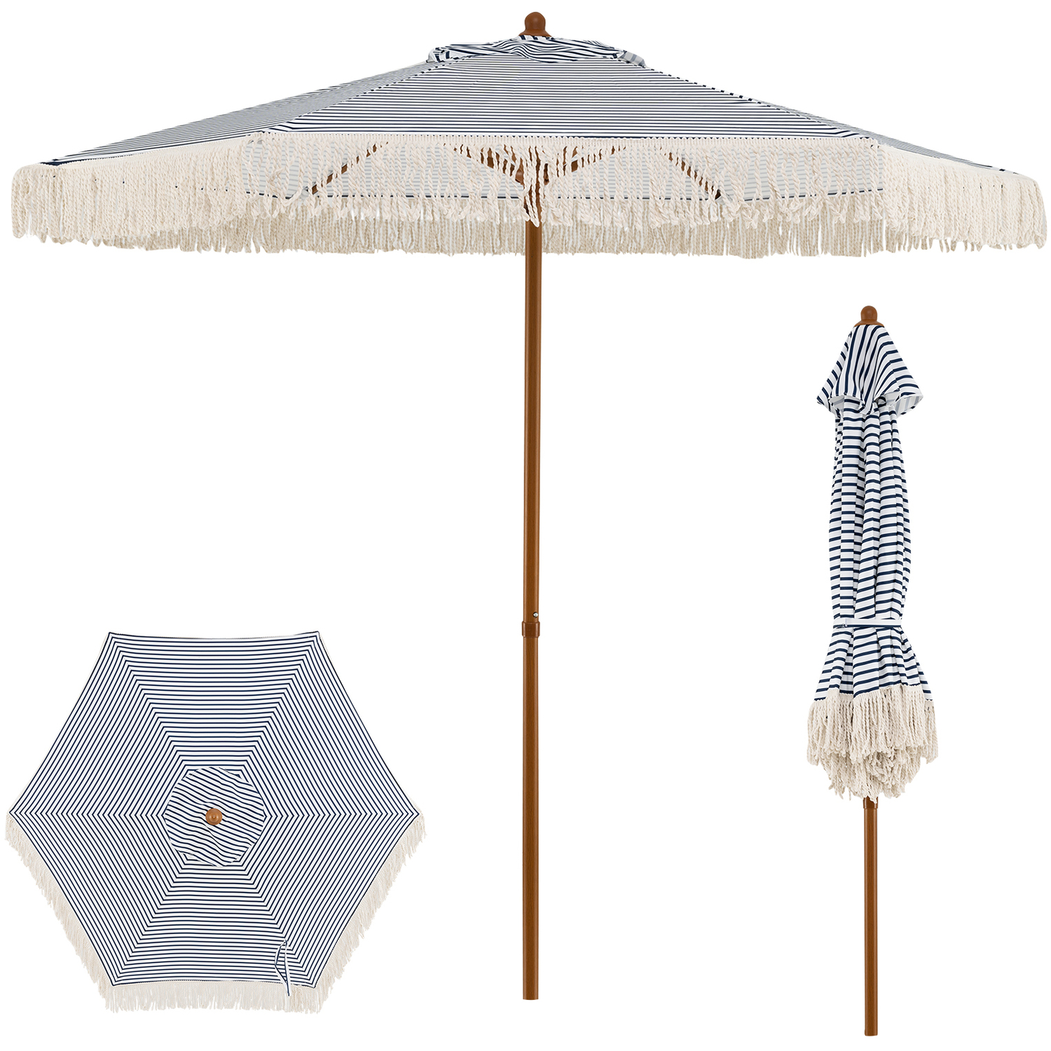 Costway Fringe Boho Patio Market Umbrella - Blue
