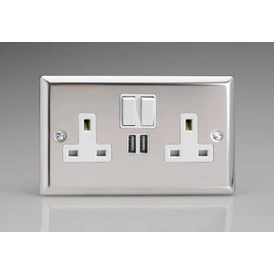Varilight XC5U2SB 13A Switched Socket with USB Charging Ports Mirror Chrome Black Inserts, 91x150x31