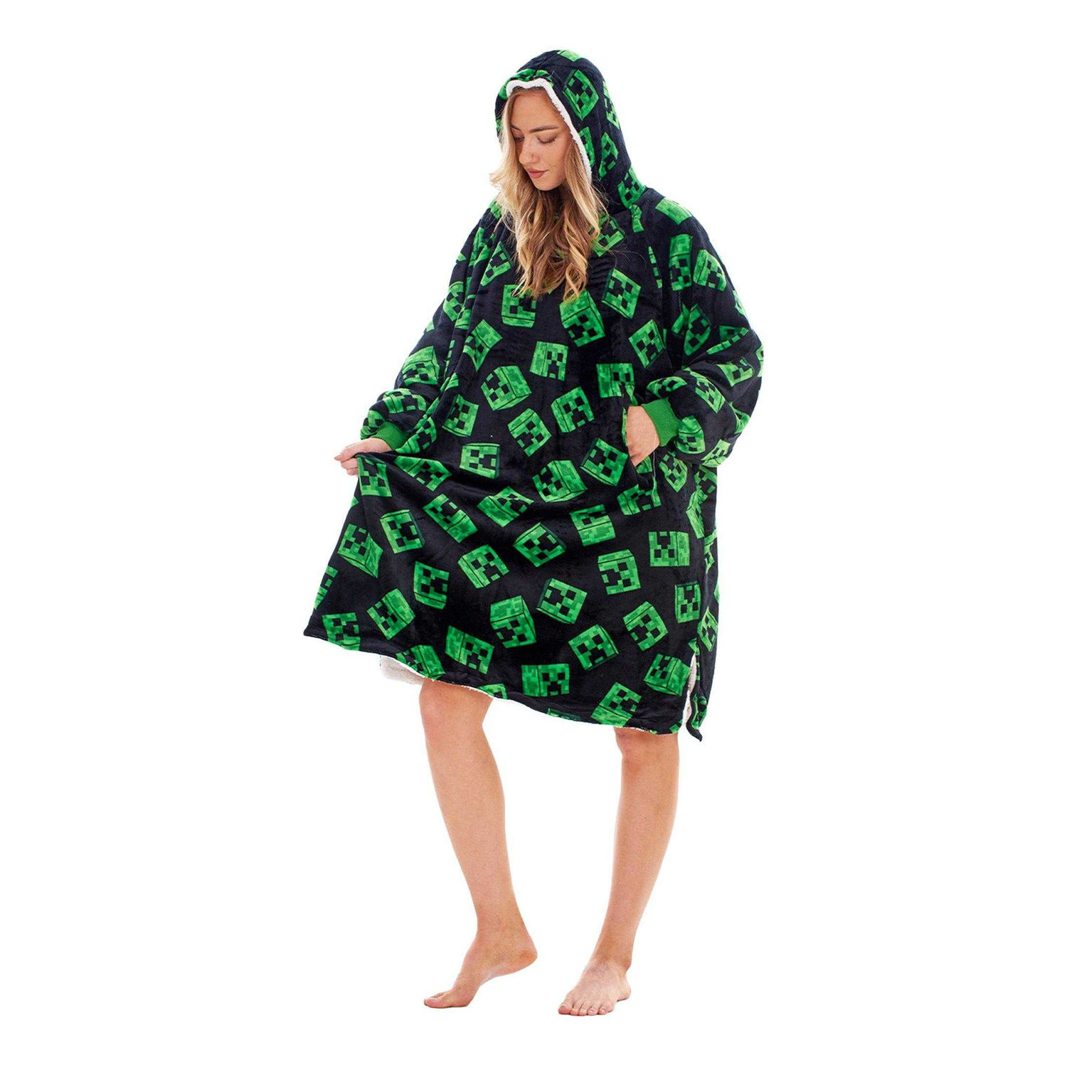 Minecraft Childrens/Kids Icon Fleece Sherpa Lined Oversized Blanket Hoodie - Green