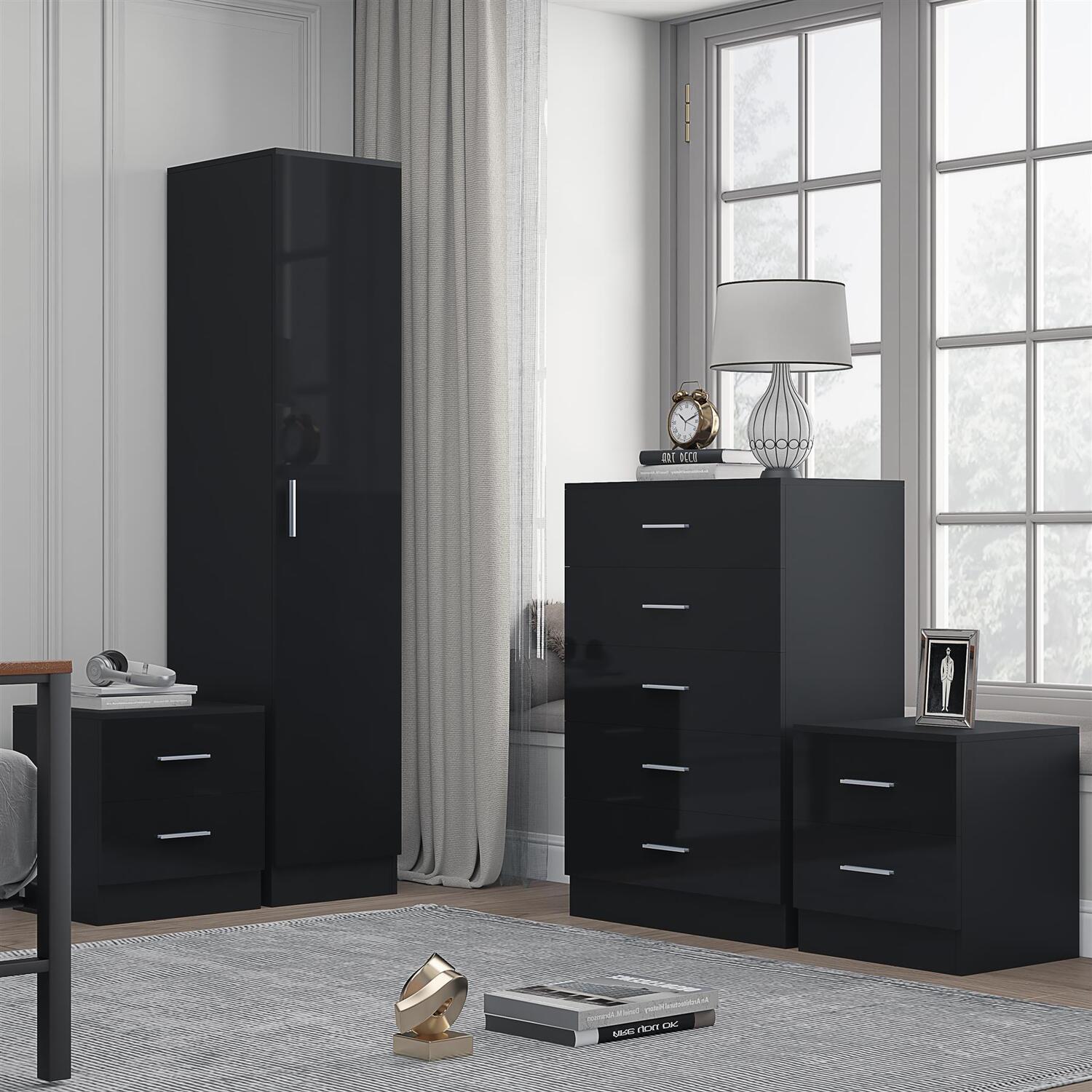 Reflect 1 Door Wardrobe, 5 Drawer Chest, 2 Bedsides - Black High Gloss Set - Black Gloss / Matt Black