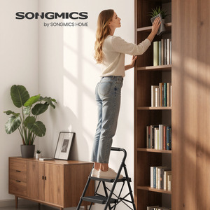 SONGMICS 3-Step Folding Ladder, Steel Step Stool with Anti-Slip Feet