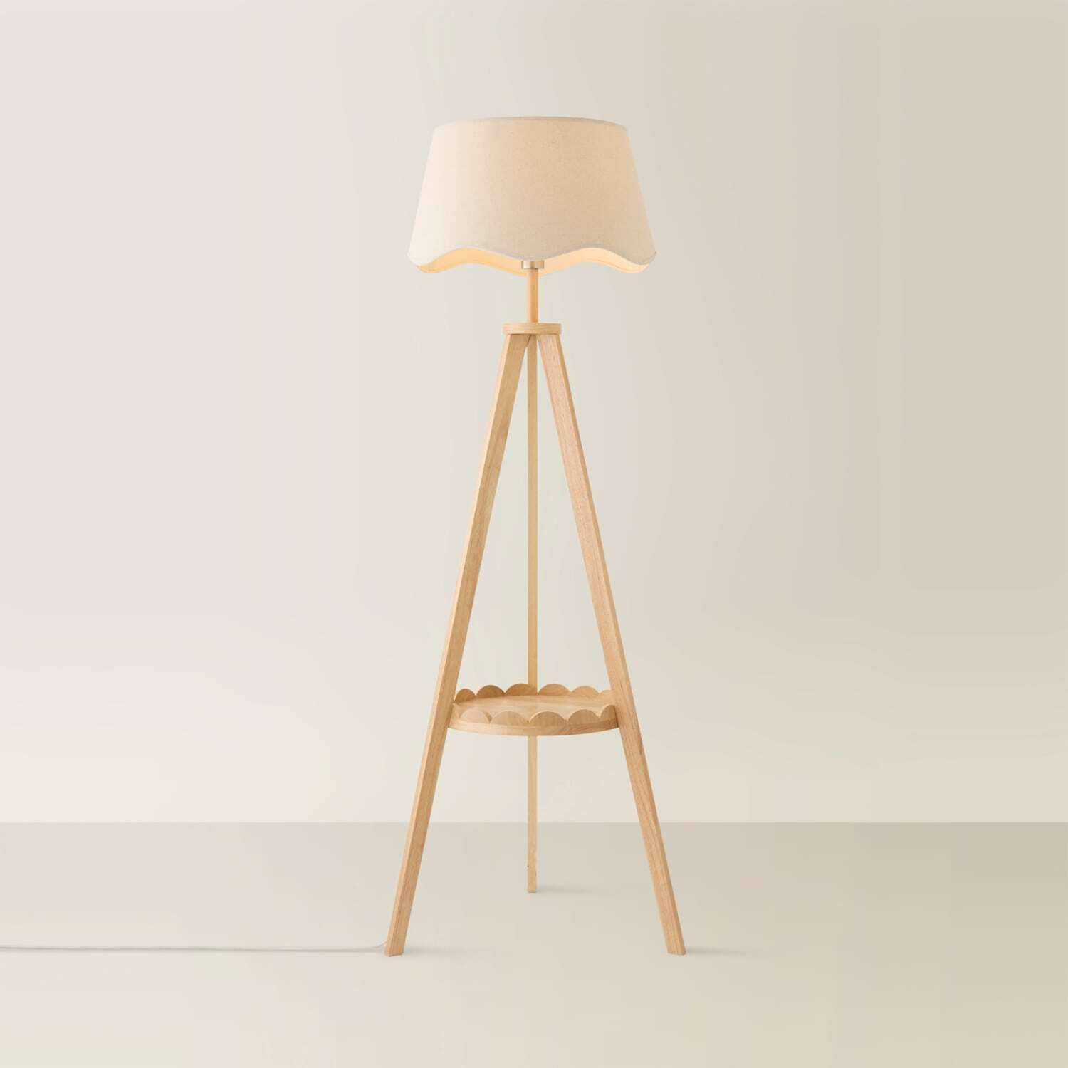 Valuelights Unisex Natural Morrigan Scallop Linen Shade Wooden Scallop Shelf Tripod Floor Lamp In - Image 2