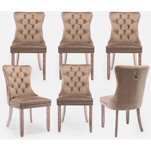 Romsey Set of 6 Velvet Upholstered Dining Chairs with Oak Legs and Knocker Ring Back