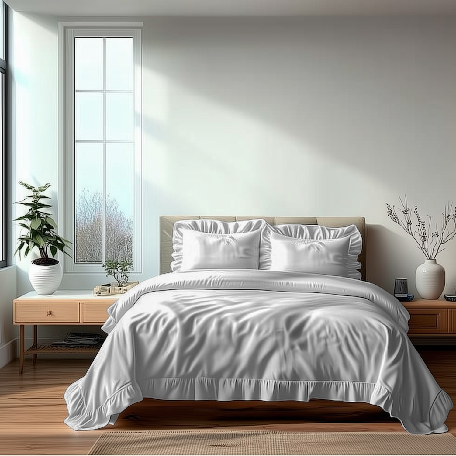 Duvet Cover And Pillowcase Set Pink Teal White Green Silver Frilled Design Polycotton Linen - White / Superking