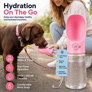 Pink Portable Dog Water Bottle 550ml with Built-In Bowl, Leak-Proof Lock, Travel Pet Flask