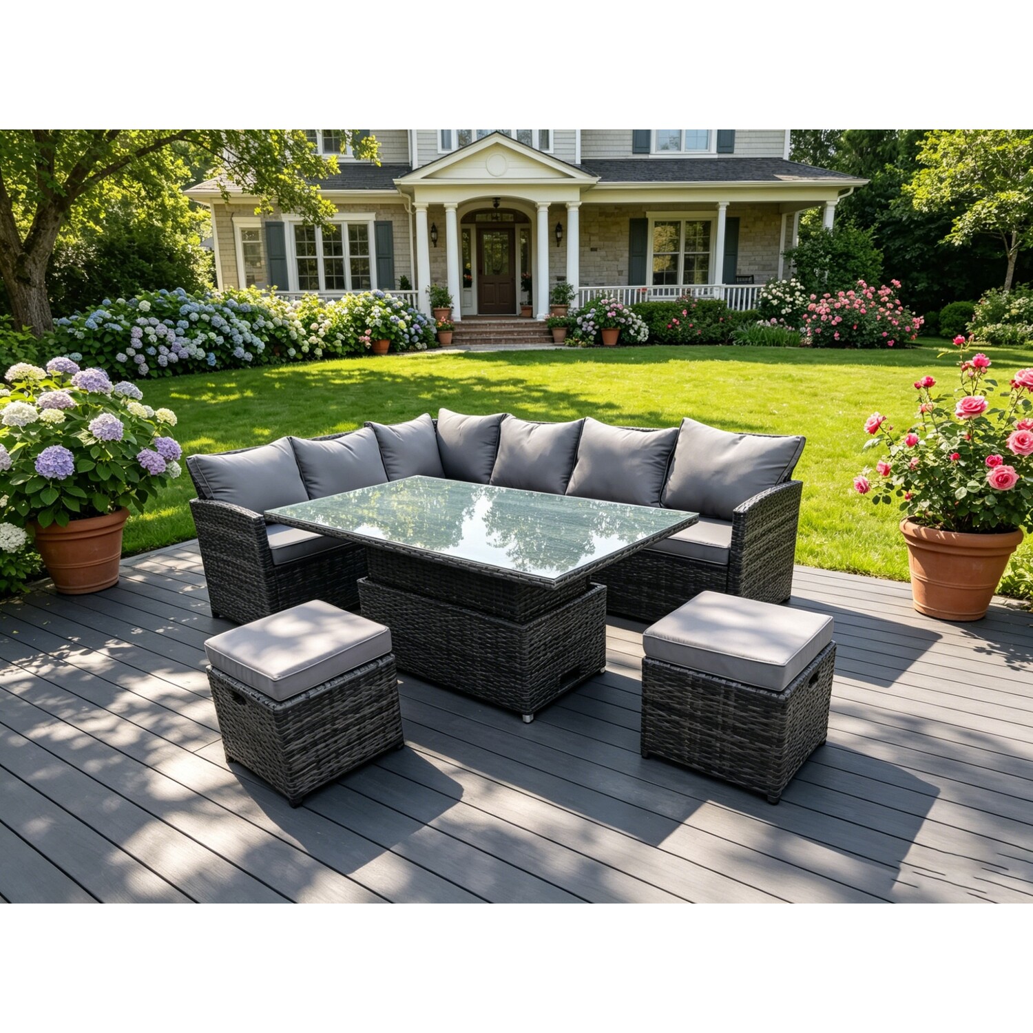 Rackhams Dark/Grey High Back Corner Rattan Garden Furniture Sofa Dining Rising Table Height Adjustable 8 Seater 2 Small Footstools - Image 2