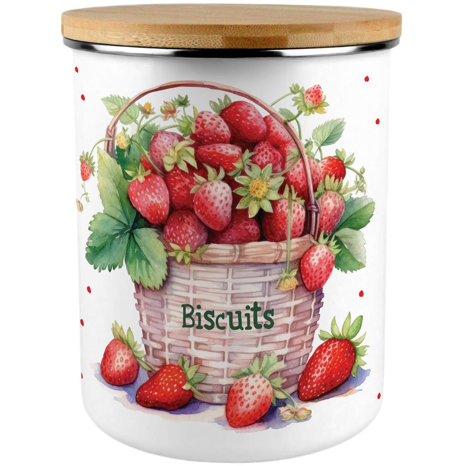 Extra Large Enamel Biscuit Canister - Strawberry Basket Food Storage Jar Gift - Image 2