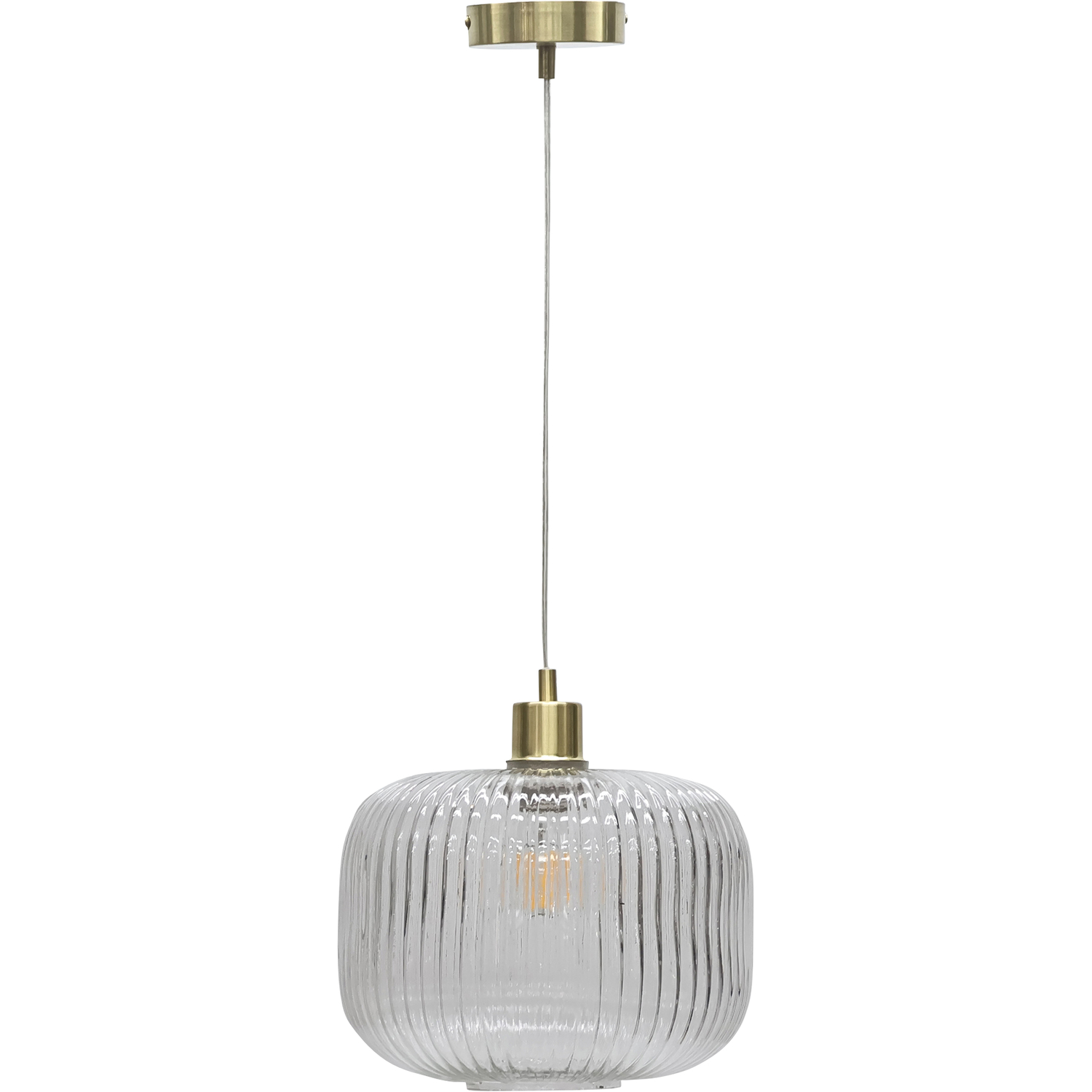 First Choice Lighting Batley Ceiling Single Pendant Light - Clear Ribbed Glass With Satin Brass Plate Detail