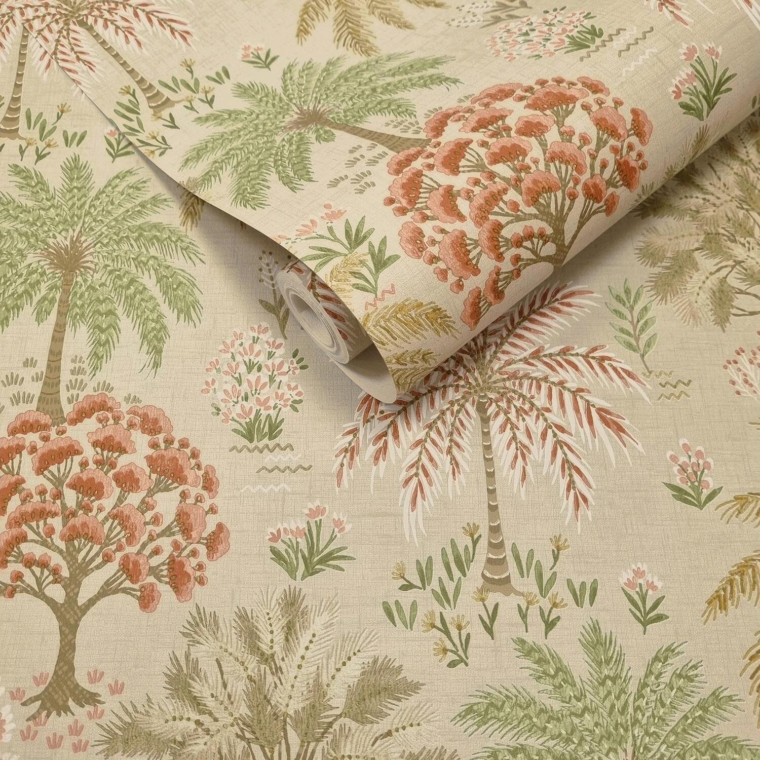 B&Q - Coral & Beige Tropical Tree Wallpaper Floral Feature Wall - Image 2