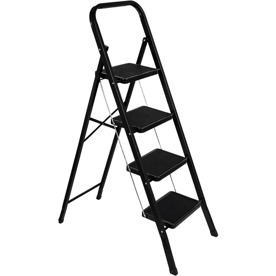 4 Step Heavy Duty Steel Folding Ladder Black