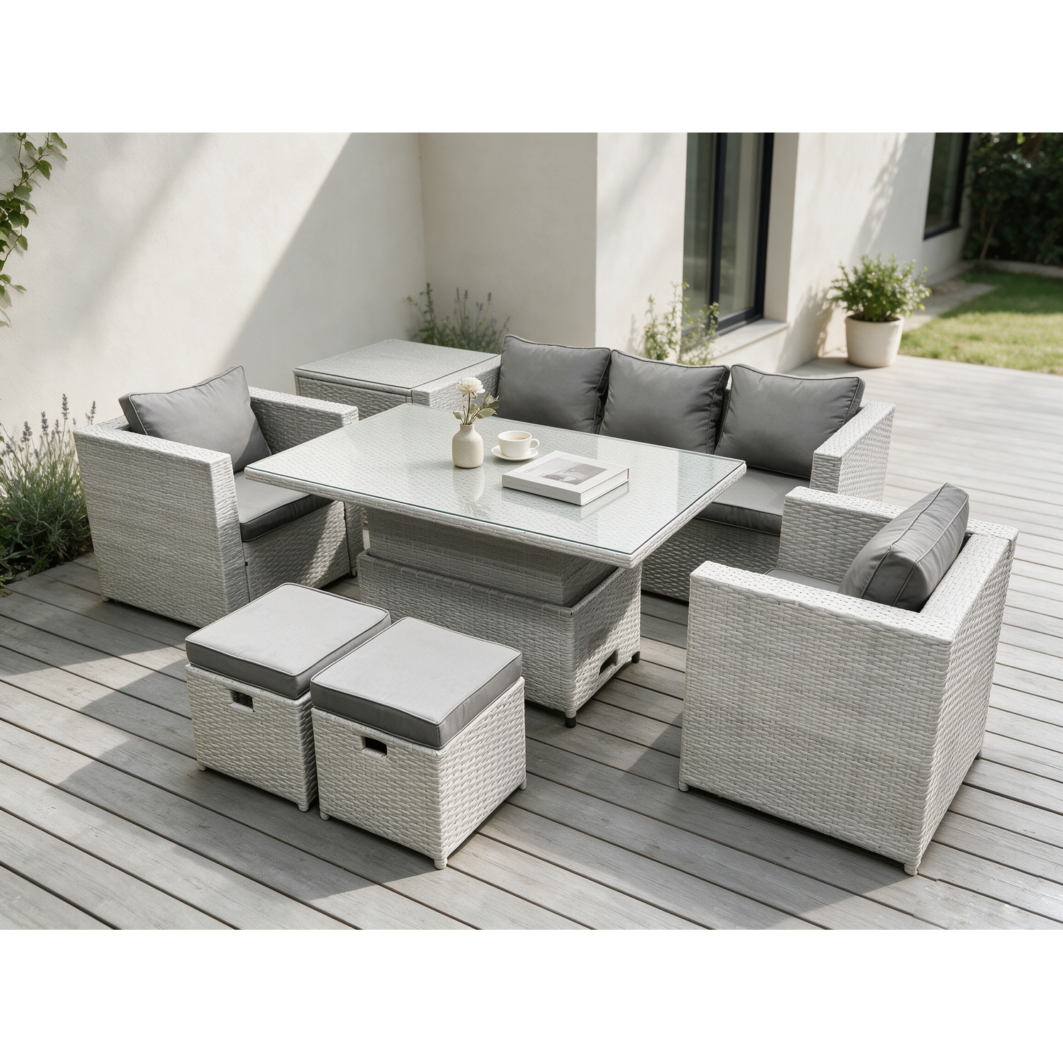 Fimous Light/Grey/Dark Rattan Garden Funiture Set Adjustable Rising Lifting Table Sofa Dining Set With 2 Arm Chair Side Table Stools - Image 2